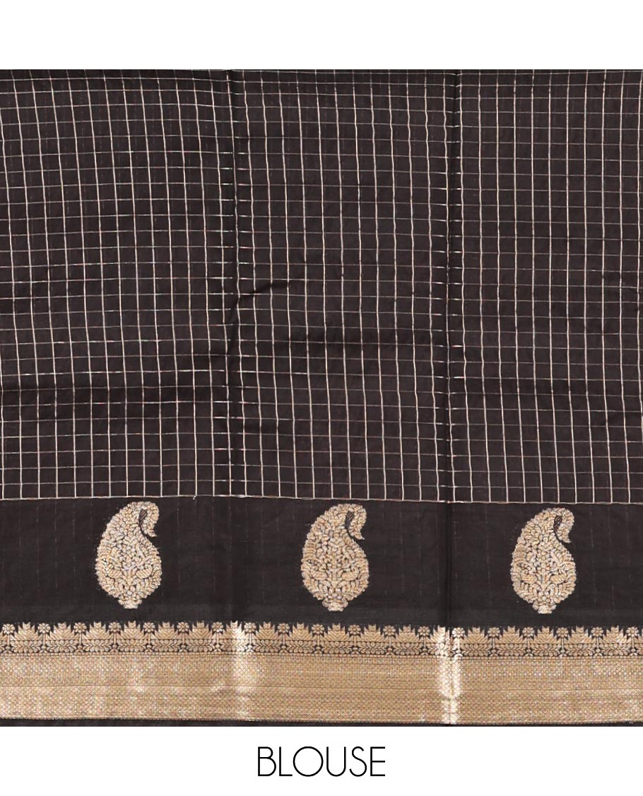 Pink Assam Silk Saree, Decorated with Checks, Complemented by Contrast Traditional Paisley Zari Design Border, Zari Striped Pallu, and a Contrast Blouse