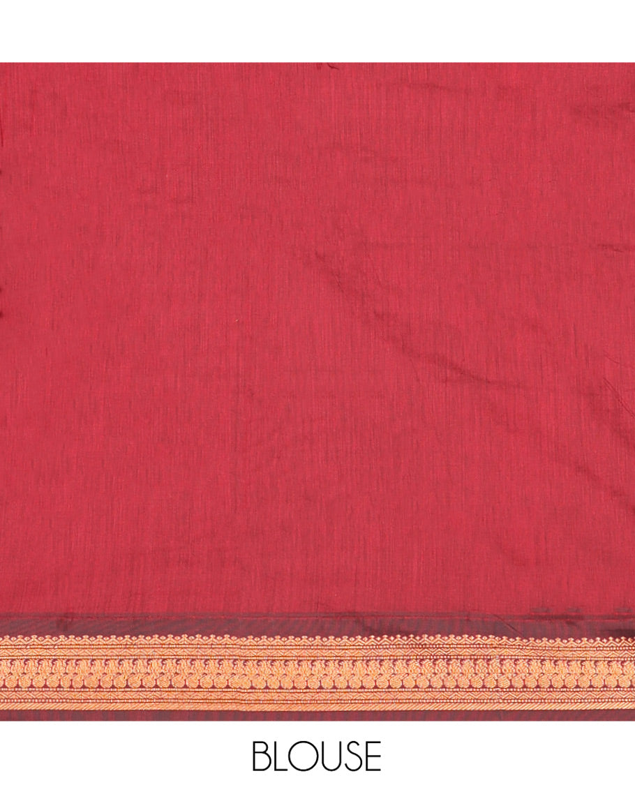 Green Plain Kalyani Cotton Saree, Complemented by a Contrast Traditional Zari Design Border, Pallu Features Traditional Zari Designs, and Paired with a Contrast Blouse