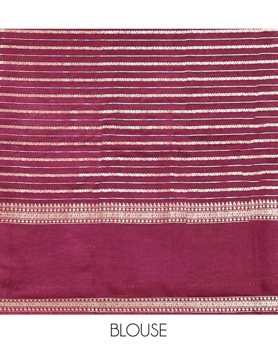 Maroon Assam Silk Saree, Decorated with Zari Stripes, Highlighted by a Traditional Border, Zari Striped Pallu, and a Matching Blouse