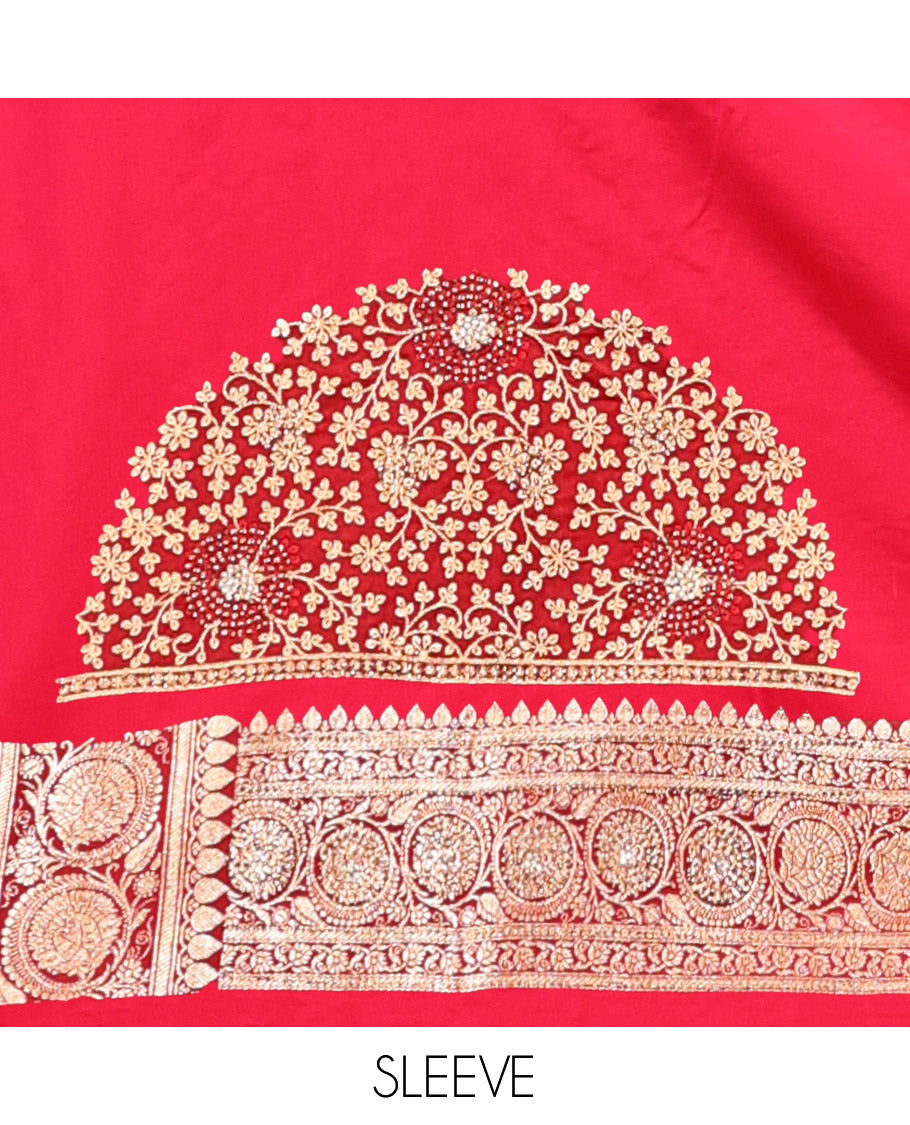 Red Banarasi Satin Saree, Finely Crafted with Floral Jaal Jacquard, a Floral Creeper Border, Intricate Stonework Pallu, and a Matching Blouse
