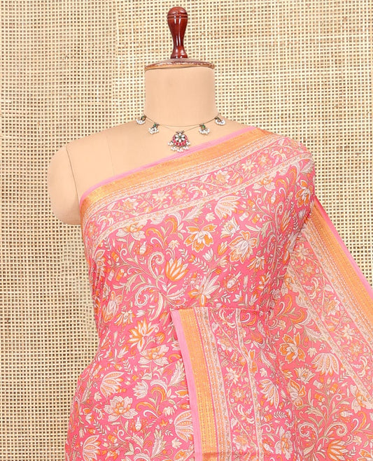 Pink Printed Silk Saree, Decorated with Floral Print, a Zari Border, Floral Printed Pallu, and a Matching Blouse