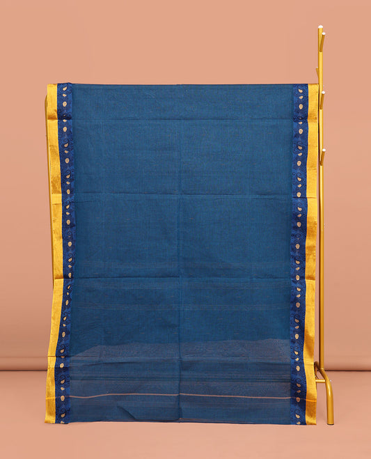 Blue Plain Bengal Cotton Saree, Complemented by a Contrast Floral Creeper Design Border, Pallu of Stripes and Buttas, and Paired with a Matching Blouse