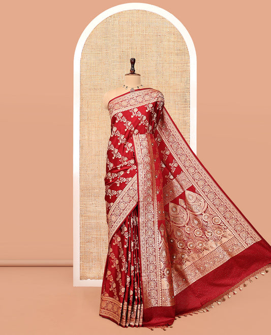 Dark Red Banarasi Satin Saree, Finely Crafted with Floral Jaal Jacquard, a Floral Creeper Border, Intricate Stonework Pallu, and a Matching Blouse