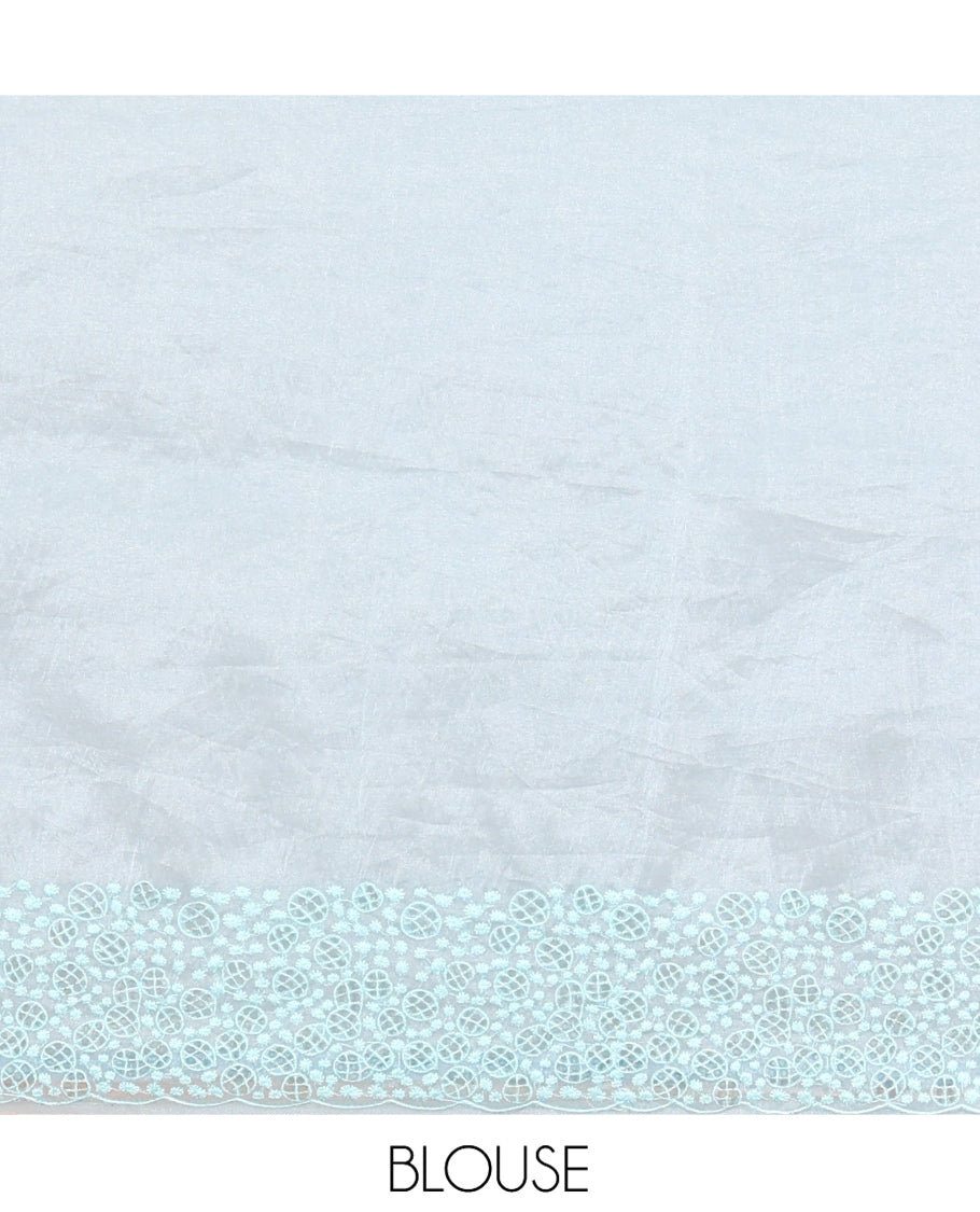 Pale Blue Organza Saree, Subtly Sparkled with Hakoba-Style Cutwork Embroidery, Scallop Cutwork Border, and a Matching Blouse