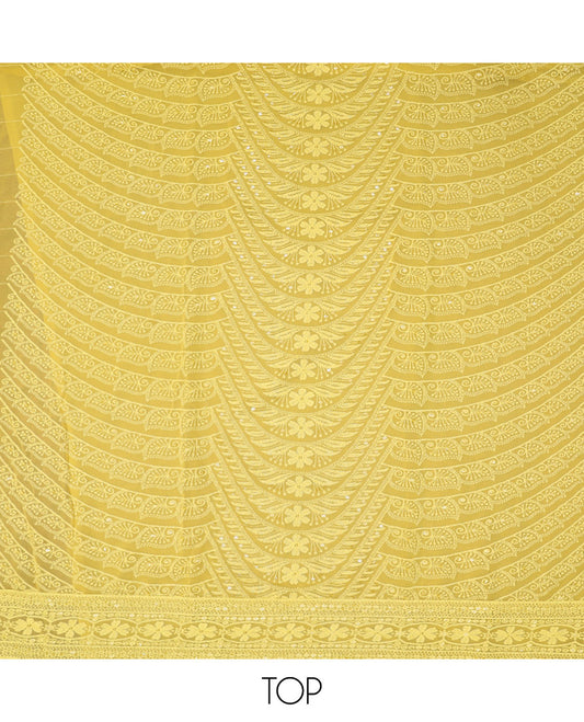 Yellow Material Chudidar Set, Enthralled with Chikankari-Style Thread and Sequins Embroidery on Georgette Top, a Plain Santoon Bottom, and Paired with a Geometric Embroidery Georgette Dupatta