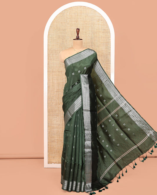 Green Banana Pith Saree, Mesmerized with Square Buttas All Over Its Body, Subtly Woven Temple Border of Rudraksham Designs, Pallu of Buttas, and Paired with a Matching Blouse