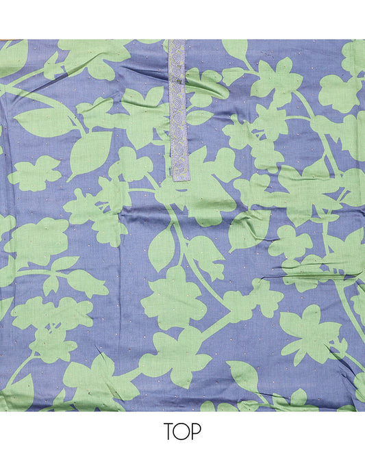 Grey and Green Material Chudidar Set, Bedecked with Silhouette-Style Floral Print, and Stone Work on Its Rayon Top, a Plain Rayon Bottom, and Paired with a Floral Printed Rayon Dupatta