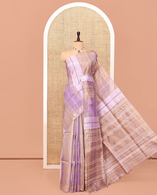 Borderless Purple Zari Striped Tussar Silk Saree, a Zari Woven Pallu, and Matching Blouse