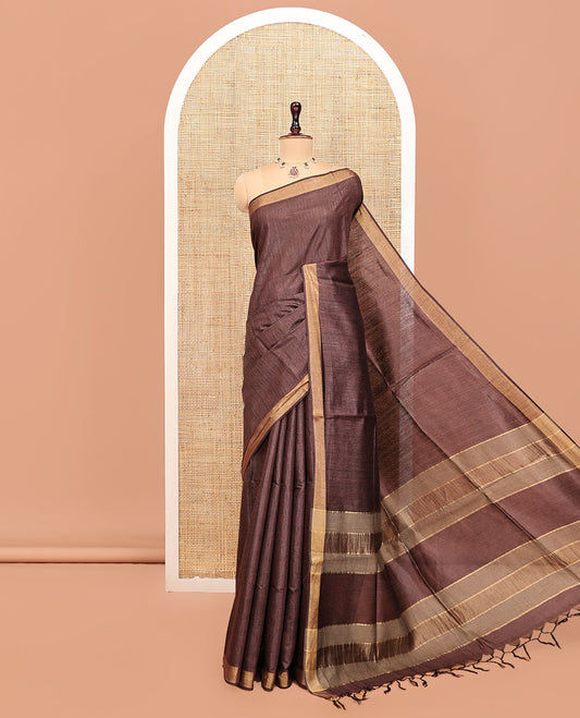 Brown Textured Tussar Silk Saree, a Subtle Border, a Striped Pallu, and a Matching Blouse