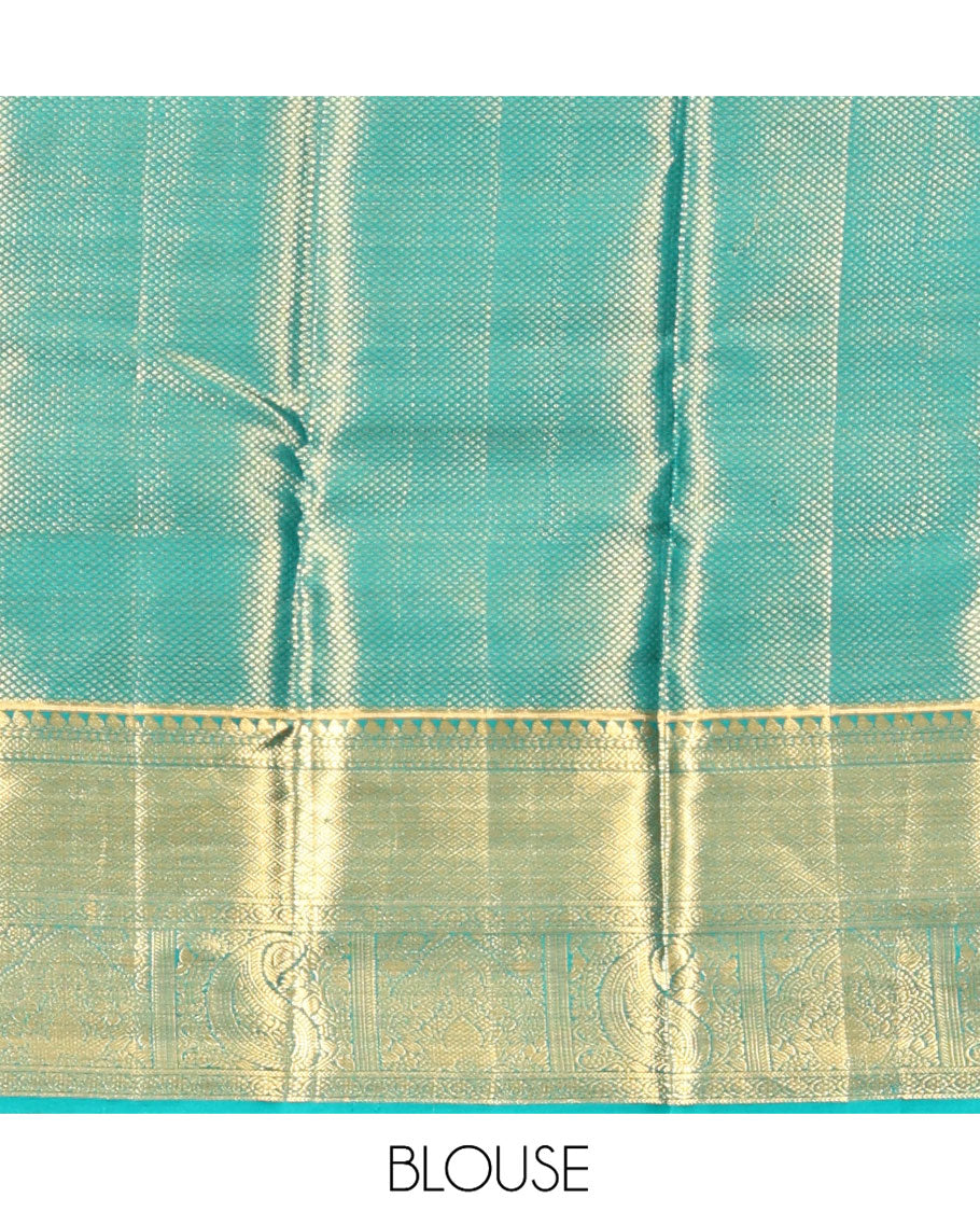 Blue Kanchipuram Tissue Silk Saree, Enriched with Floral Jacquard, a Zari Border of Thilakam Mokku, Jaal, and Manga Designs, Diagonal Striped Pallu, and Matching Blouse