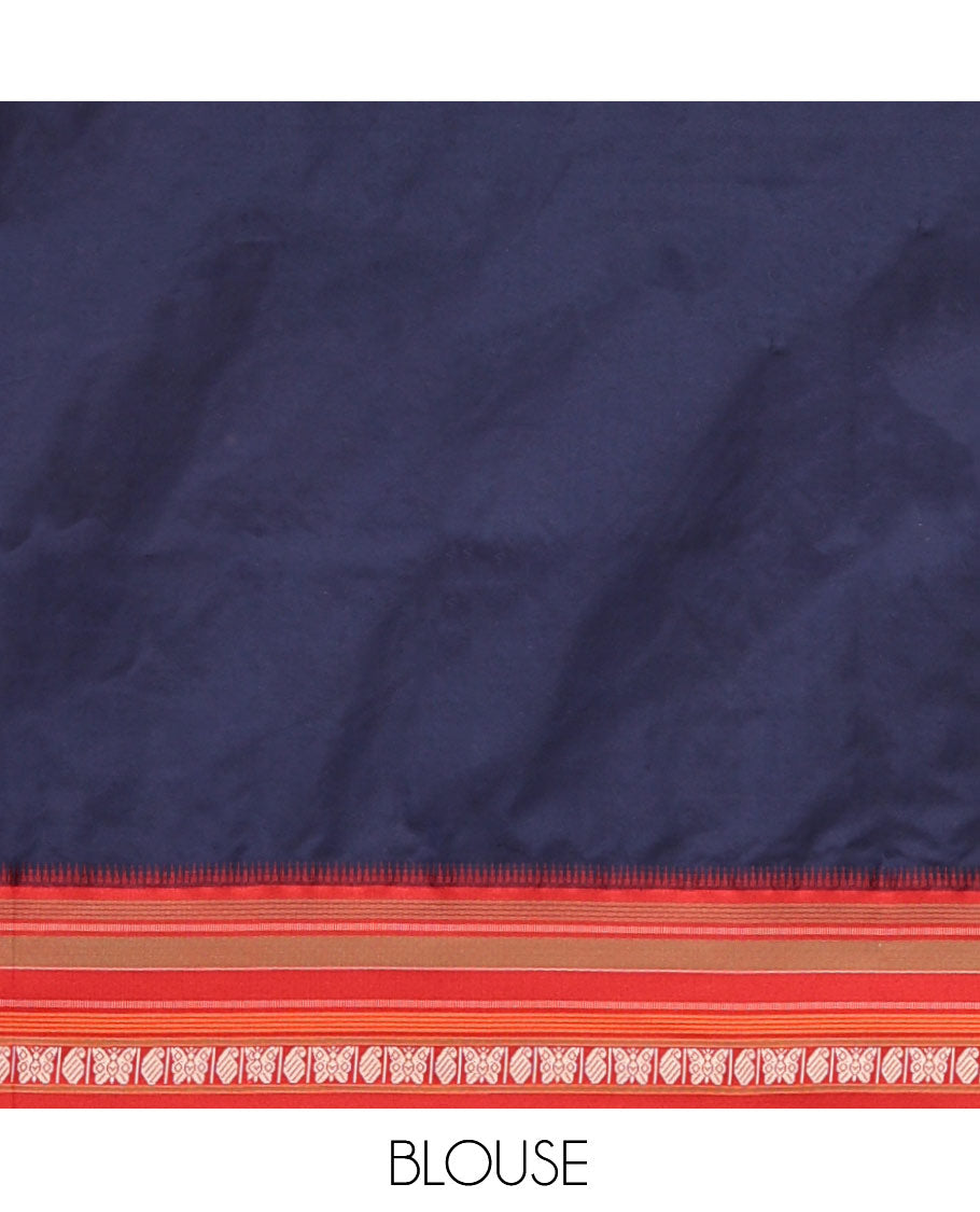Blue Plain Narayanpet Cotton Saree, Complemented by a Contrast Traditional Thread Border, Pallu Steeped with Stripes, and a Matching Blouse