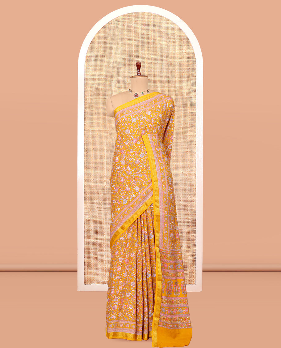 Yellow Printed Silk Saree, Adorned with Floral Vine Print, a Traditional Zari Border, Floral Pallu, and a Matching Blouse