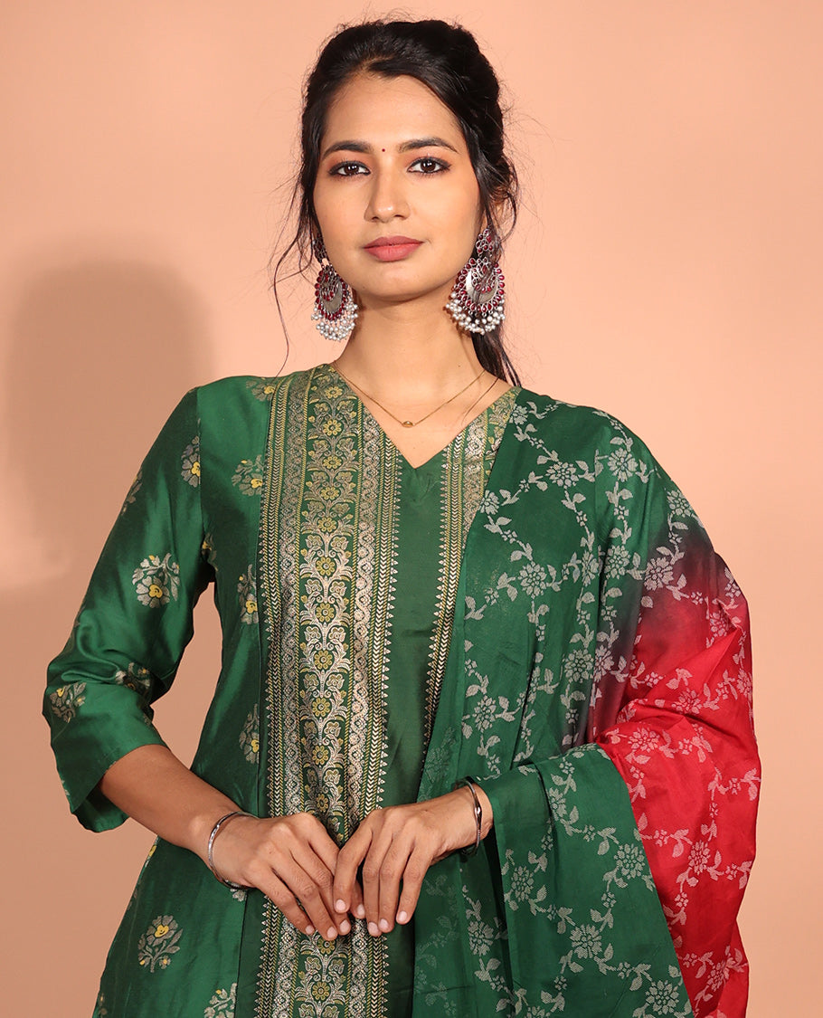 Green Rayon Floral Readymade Suit