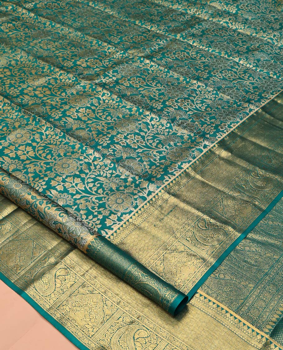 Blue Kanchipuram Tissue Silk Saree, Enriched with Floral Jacquard, a Zari Border of Thilakam Mokku, Jaal, and Manga Designs, Diagonal Striped Pallu, and Matching Blouse
