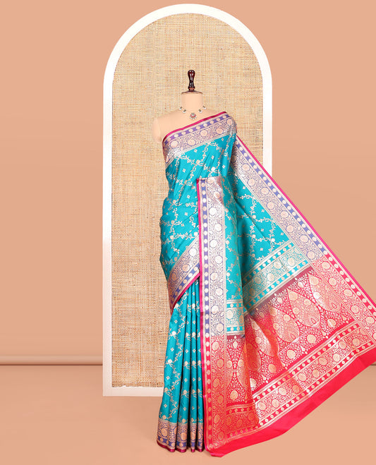 Blue Banarasi Nylon Saree, Adorned with Jaal Jacquard, Contrast Floral Creeper Zari Border, Intricate Pallu, and a Contrast Blouse