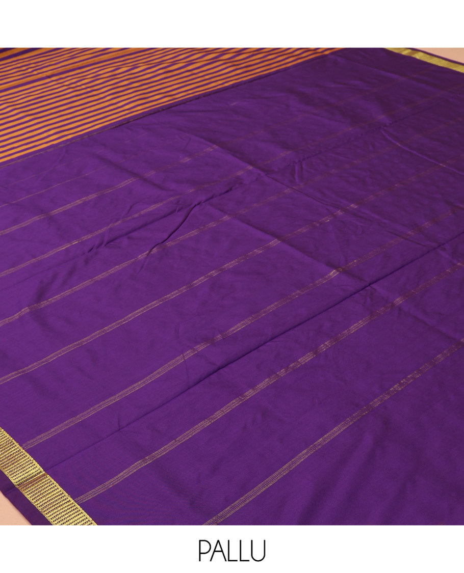 Violet-Orange Striped Art-Silk Nine Yard Saree, a Traditional Zari Border, Pallu of Zari Stripes, and No Blouse