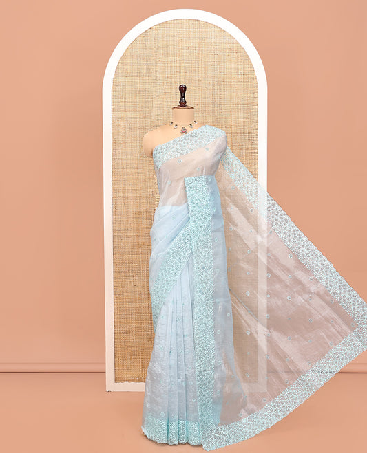 Pale Blue Organza Saree, Subtly Sparkled with Hakoba-Style Cutwork Embroidery, Scallop Cutwork Border, and a Matching Blouse