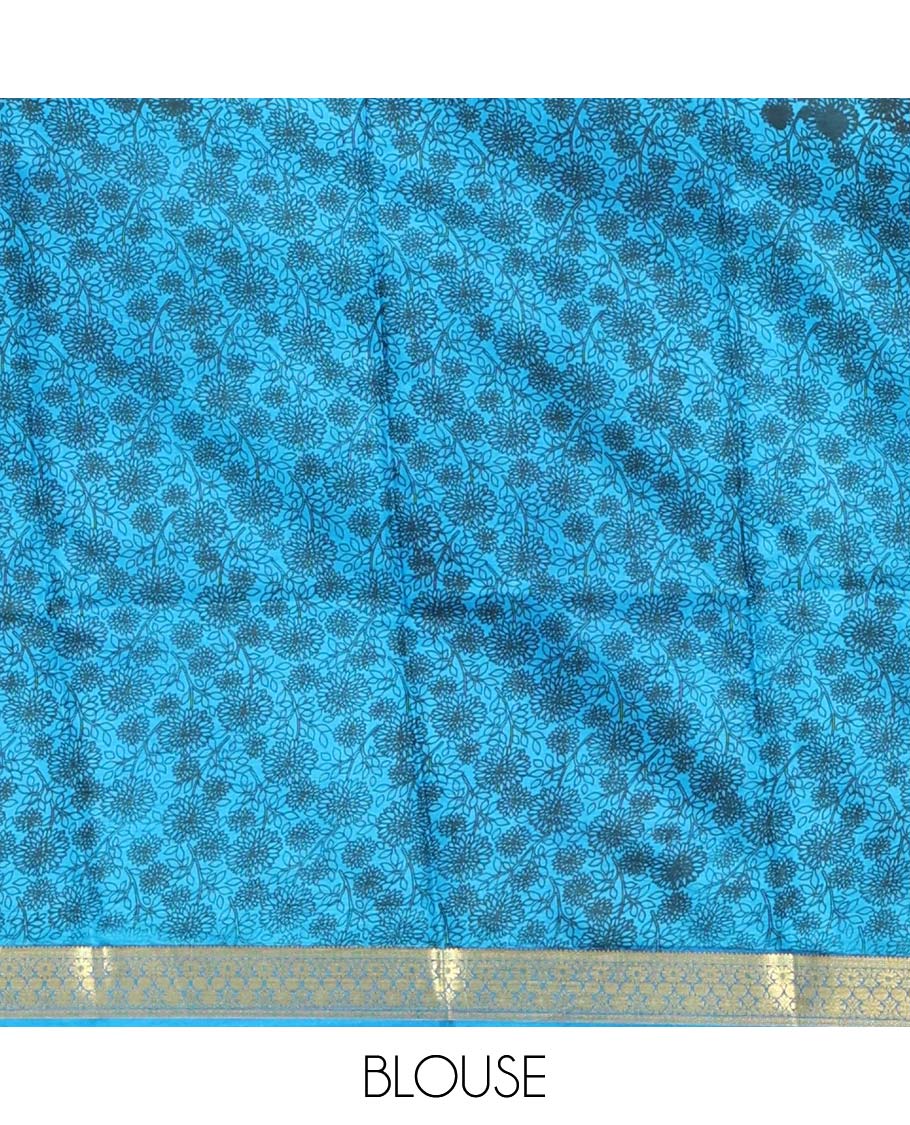 Blue Printed Silk Saree, Accentuated with Floral Jaal Prints, Highlighted by a Traditional Zari Border, Printed Pallu, and a Matching Blouse