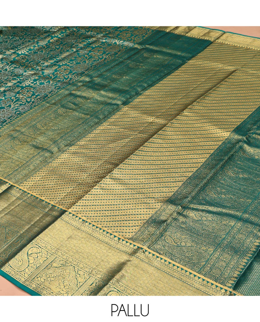 Blue Kanchipuram Tissue Silk Saree, Enriched with Floral Jacquard, a Zari Border of Thilakam Mokku, Jaal, and Manga Designs, Diagonal Striped Pallu, and Matching Blouse