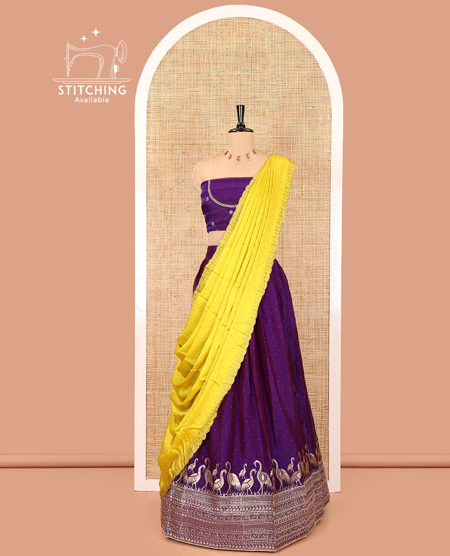 Violet Half-Saree Set, Finely Crafted with Stone Work and Bird Motifs Embroidery on Its Satin Georgette Skirt, Highlighted by Embroidered Border, Paired with a Matching Blouse, and Comes with a Contrast Scallop Stone Work Dupatta