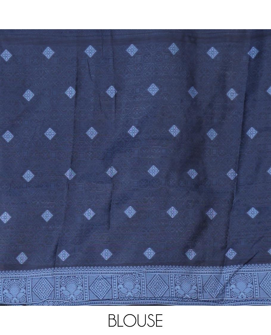 Borderless navy blue banaras jute silk saree with floral thread buttas woven all over it's body, intricate pallu & butta design blouse