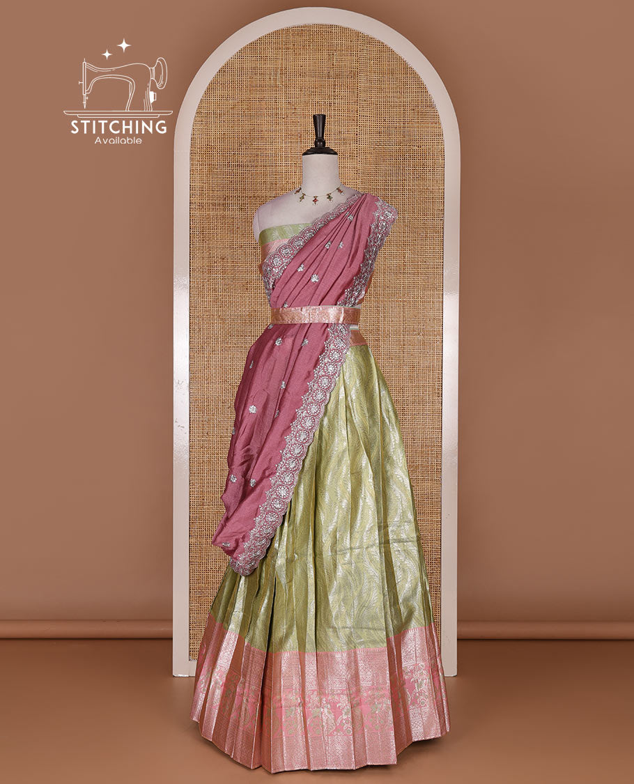 Light green-pink banaras tissue half saree, jacquard with contrast traditional zari bordered skirt, matching blouse, and Vichitra silk embroidered dhavani