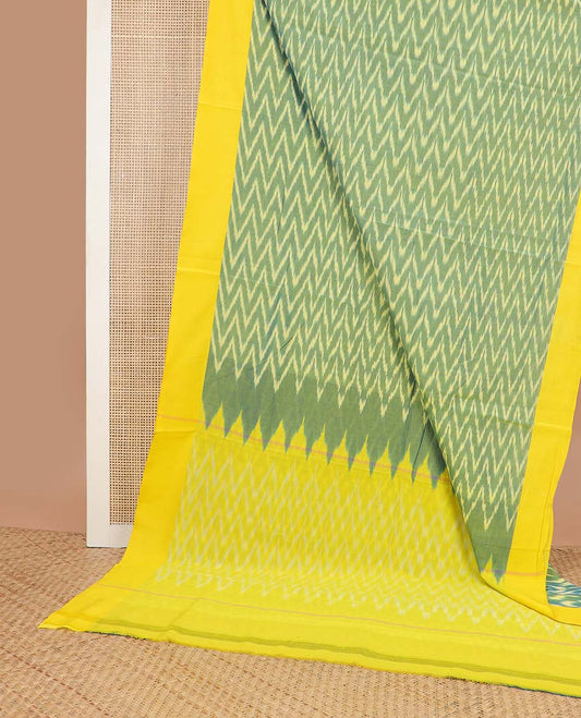 Green chevron design ikkat cotton saree with contrast border & chevron design pallu