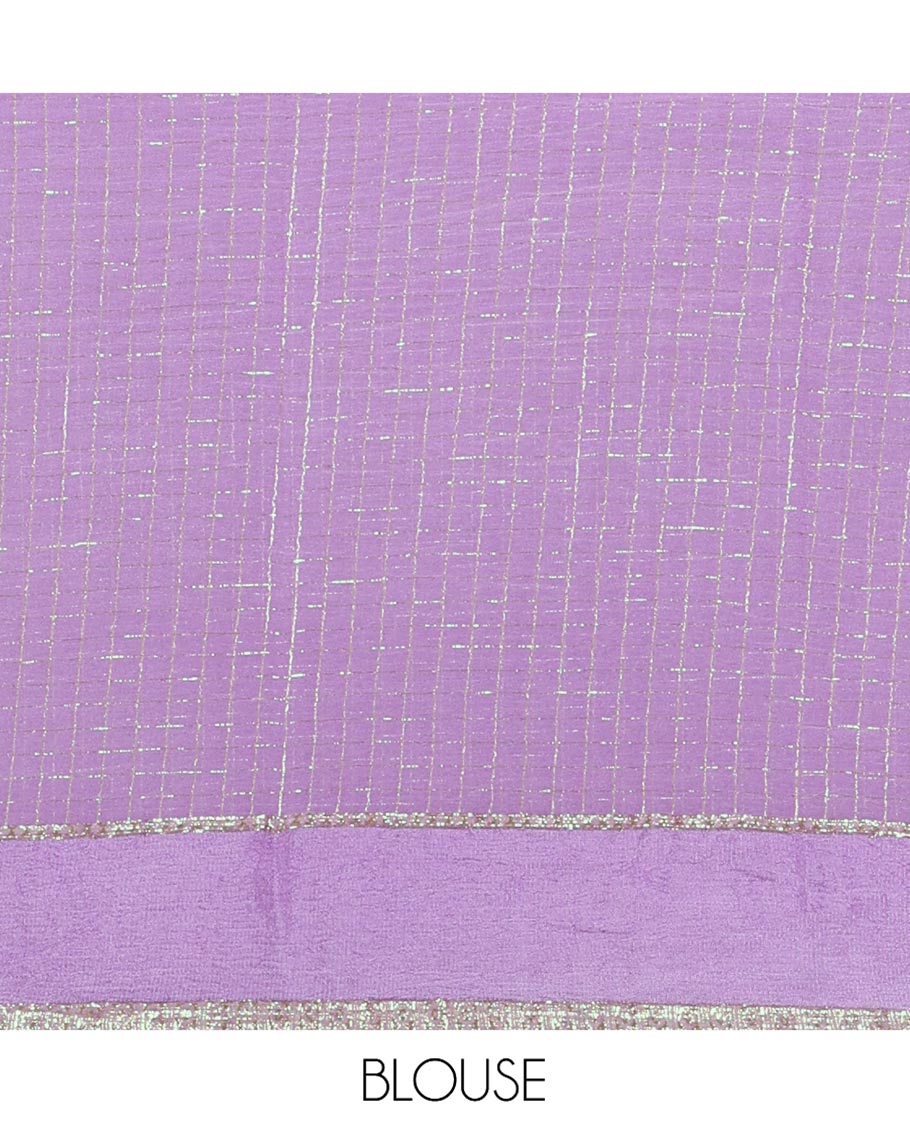 Scintillating Lavender Viscose Georgette Saree Gleamed Up with Checked Design on Its Body, Highlighted by a Double-Pet Border, Zari Checked Design Pallu, and Paired with a Matching Blouse