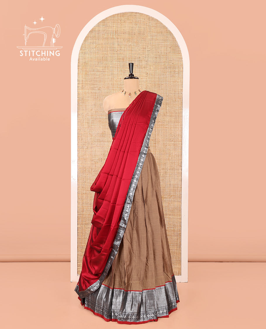 Chikku-Red Mercerised Cotton Half-Saree Features Plain with Contrast Traditional Zari Bordered Skirt, Paired with a Matching Blouse, and Comes with a Contrast Bordered Dhavani