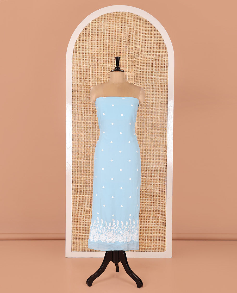 Blue Fox Georgette Material Chudidar Set, Gracefully Embellished with Floral Embroidery on Its Top, a Plain Santoon Bottom, and Paired with a Floral Embroidered Scallop Dupatta