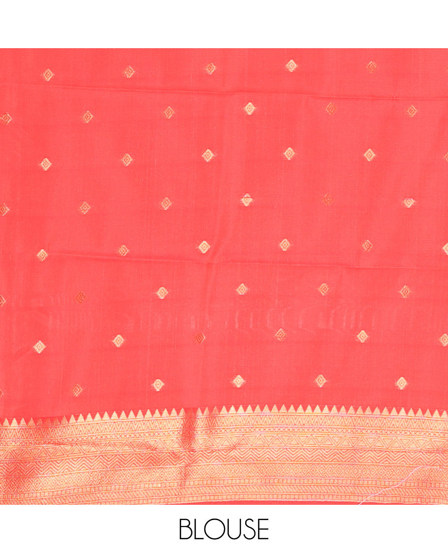 Yellow Litchi Saree, Enriched with Zari Buttas and Zari Checks, Complemented by a Contrast Traditional Zari Border, Intricate Pallu, a Contrast Blouse
