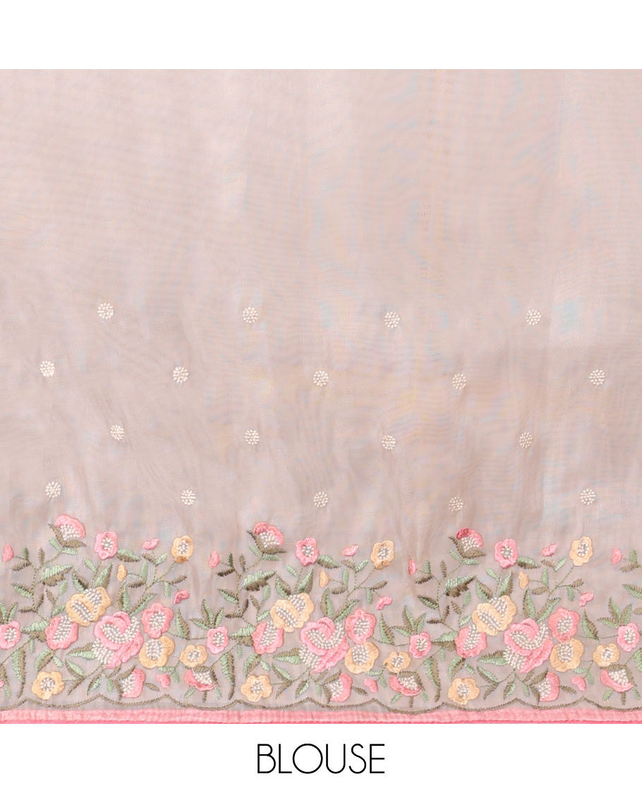 Peach motifs embroidery net designer saree with self floral border & floral embroidery pallu 