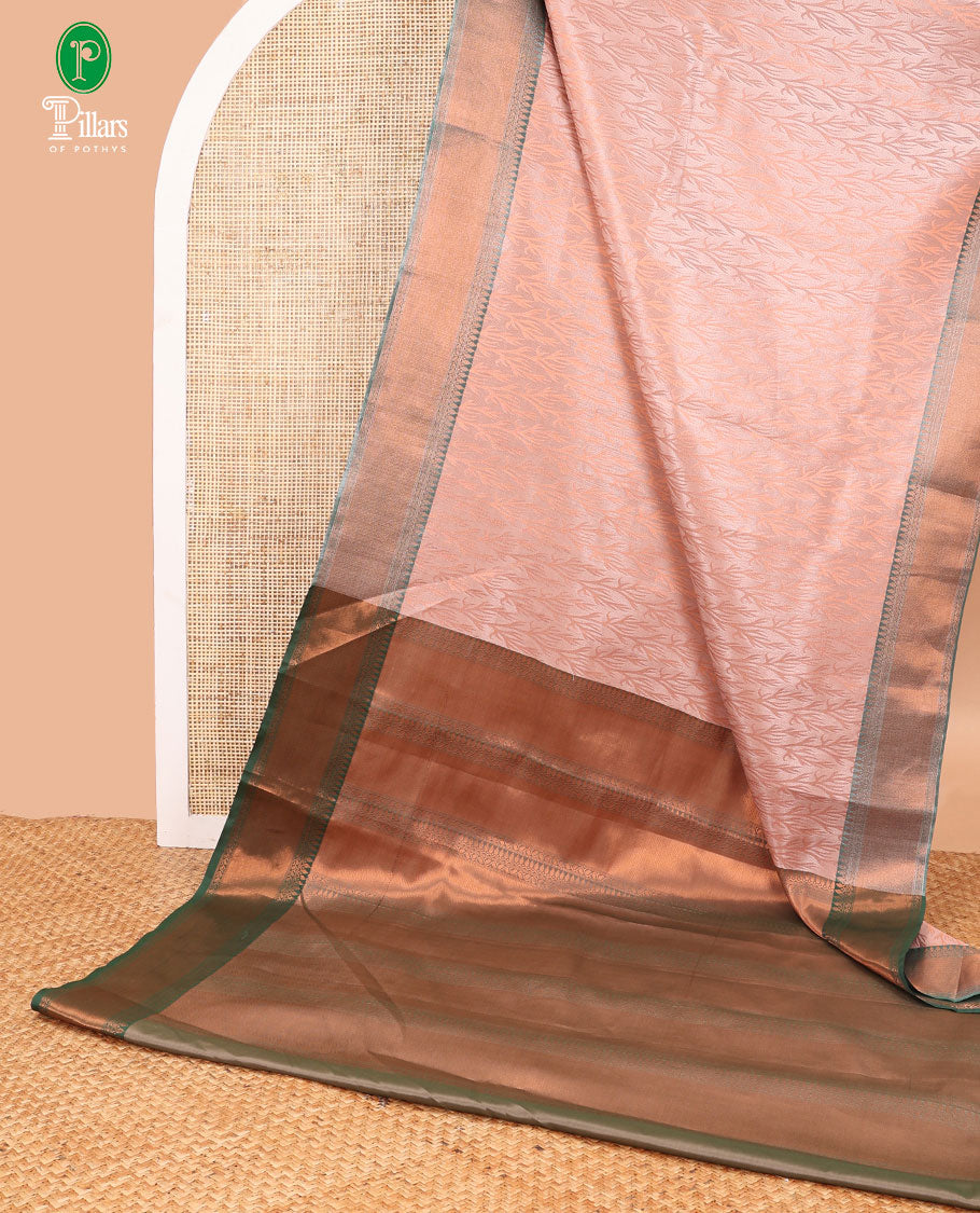Peach copper zari design tissue saree with contrast border & contrast pallu along with plain blouse