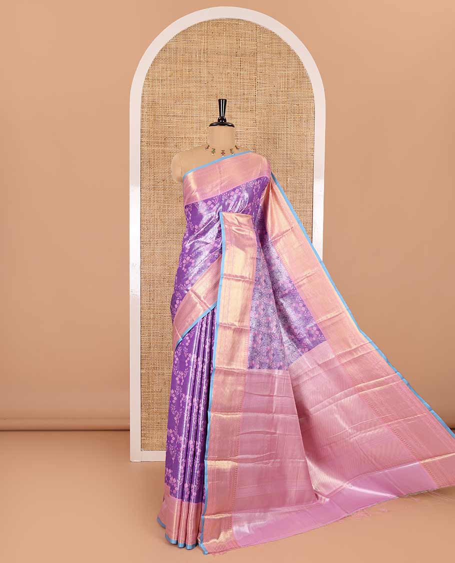 Lavender zari Kanchi tissue saree, contrast traditional zari border, gleaming pallu, and a contrast jacquard blouse