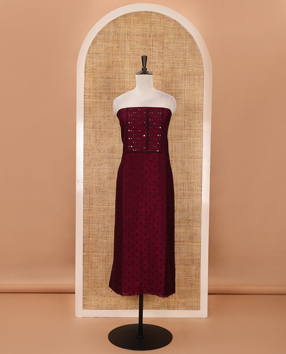 Wine material chudidar set, black beads & mirror neck embroidered with buttas woven vichitra silk top, santoon bottom & contrast mirror work chiffon dupatta