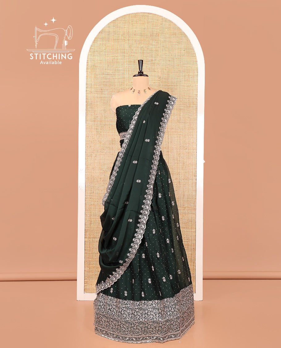 Bottle Green Georgette Half-Saree Featuring Embroidery Skirt, Floral Embroidered Border, Matching Blouse, Embroidered Dhavani