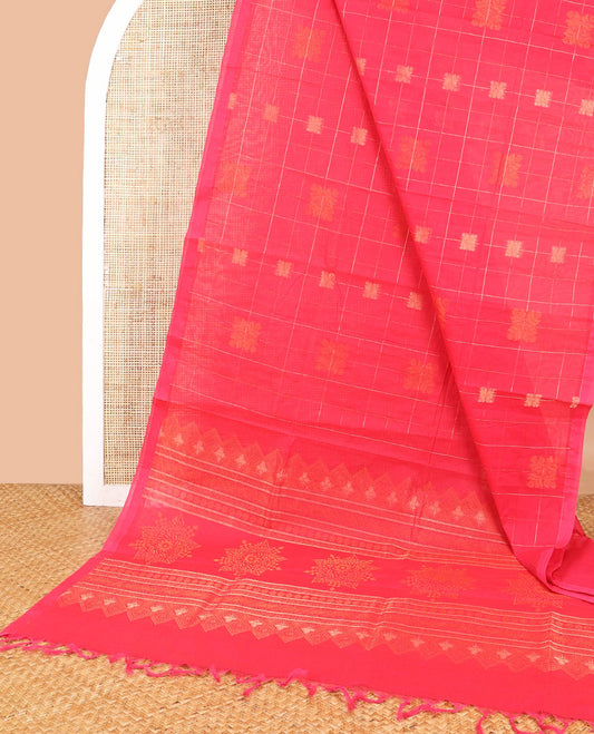 Red geometric design coimbatore cotton saree with self border & floral design pallu