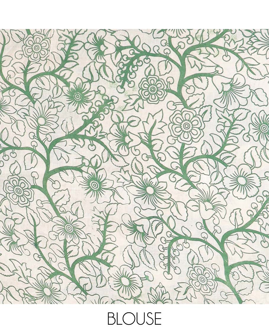 Green geometric machine-printed kalamkari cotton saree, diamond border & God Krishna Radha motifs pallu