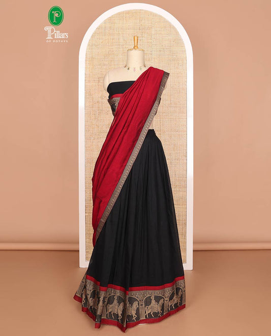 Black with maroon mercerised cotton daman resham border half saree with mercerised cotton blouse & skya georgette one side resam border work
