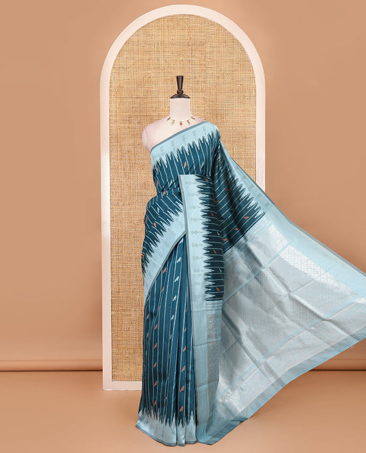 Peacock green vertical striped & parrot motifs kanchi silk saree, contrast satin temple border, zari-rich jaal pallu & contrast zari design blouse