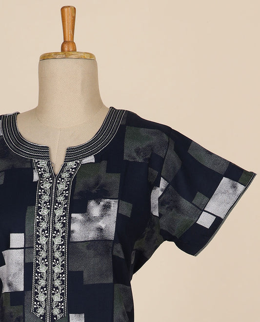 Multi-color geometric printed & floral thread embroidery round neck cotton half-sleeve nighty