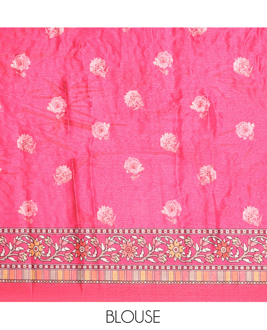 Rani Masakali Saree, Artfully Adorned with Floral Motifs Print, and Mirror Work All Over Its Body, Printed Border, Intricately Printed Mirror Work Pallu, and Paired with a Matching Blouse