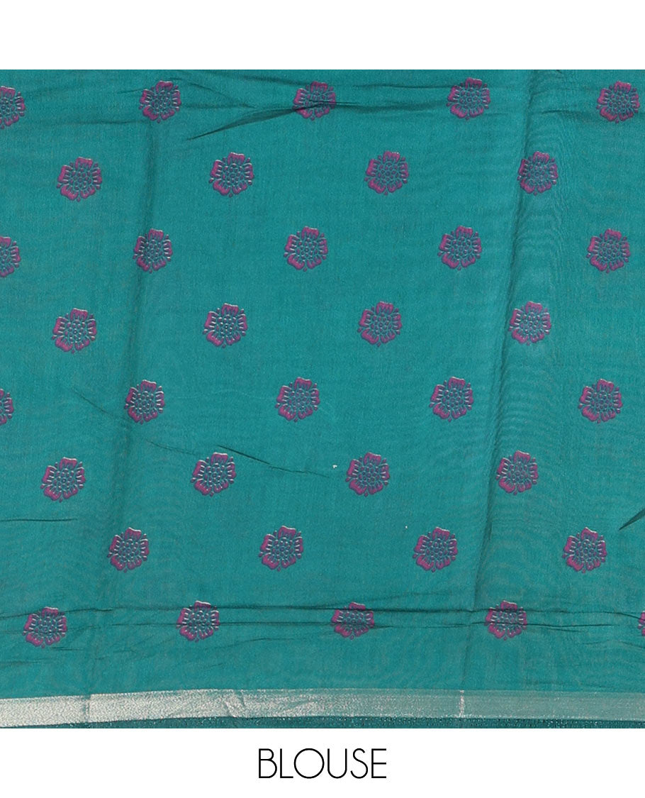 Purple human figurines printed muslin cotton saree, contrast floral-peacock printed border of piping work, kalamkari printed pallu, and a contrast blouse of flower motifs print