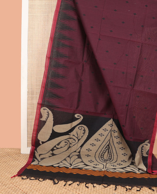 Maroon floral design coimbatore cotton saree with contrast border & floral design pallu