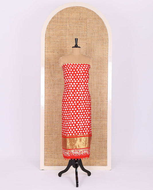 Chilli red material chudidar set, polka dots batik printed modal chanderi top, batik motifs printed bottom, and a batik motifs printed modal chanderi dupatta