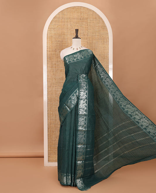 Green zari checked Sungudi cotton saree, zari annam motifs woven border, zari striped pallu & contrast zari checked blouse