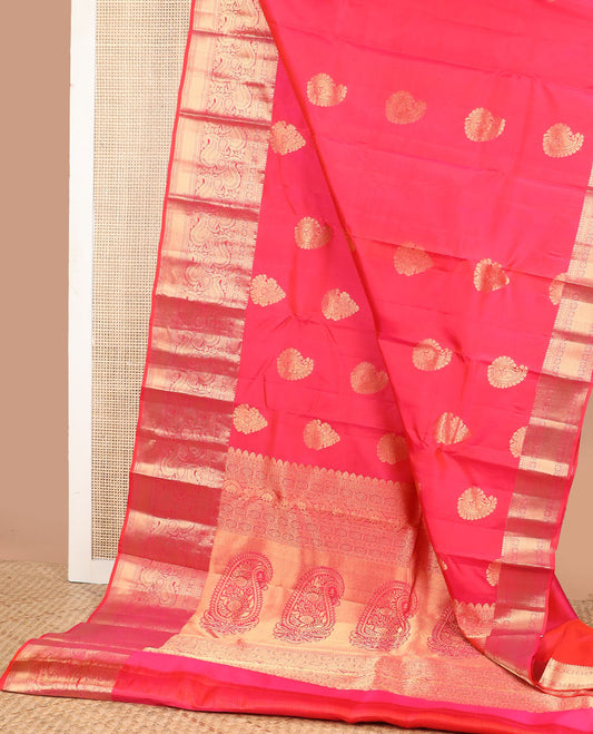 Red manga buttas silk saree with self border of manga, kathir, muthu design & floral design pallu