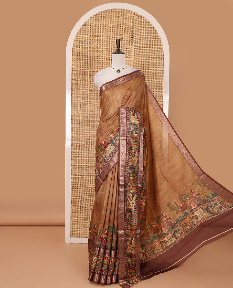 Mustard ancient human printed semi-tussar saree, traditional rettai pettu border of ancient human motifs print, printed pallu & running blouse