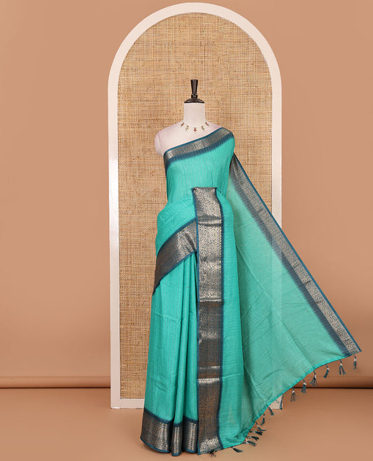 Rama green gold zari vertical striped dola silk saree, contrast traditional zari border of manga design, striped pallu & contrast diamond design blouse
