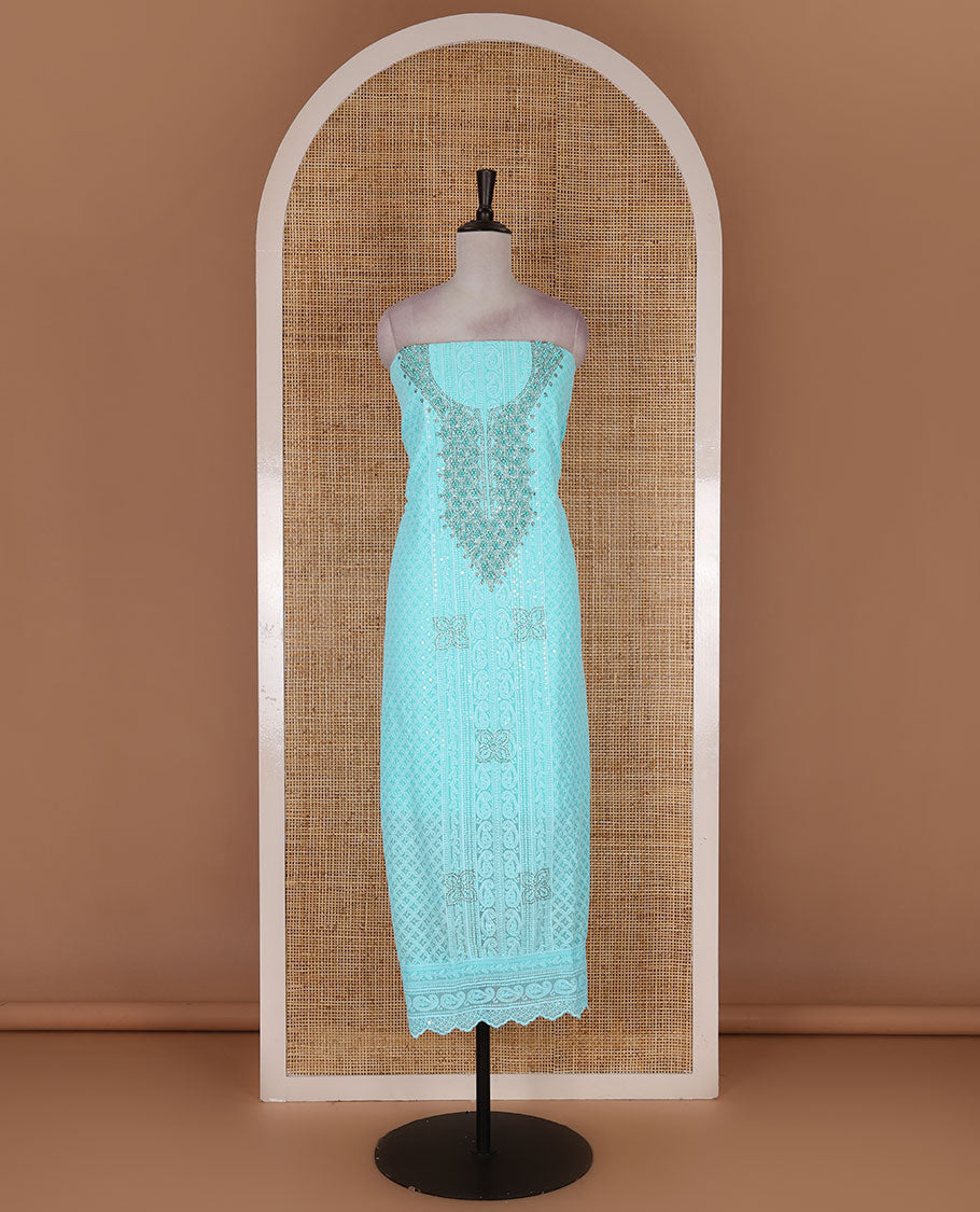 Aqua green material churidar set, stone work with Schiffli style embroidered georgette top, American Crape bottom, and polka dotted printed mirror work dupatta